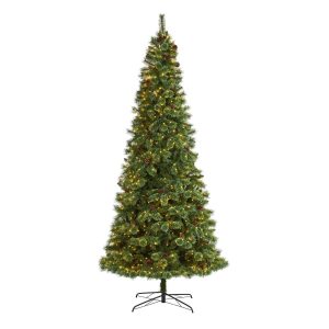 Artificial Christmas Trees | 10' White Mountain Pine Artificial Christmas Tree with 850 Clear LED Lights and Pine Cones Green Artificial Christmas Trees Artificial Christmas Trees