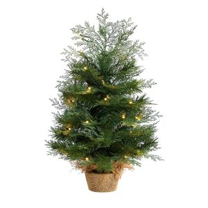 Artificial Christmas Trees | 2' Artificial Christmas Tree in Burlap Base with 35 Warm White LED Lights Green Artificial Christmas Trees Artificial Christmas Trees