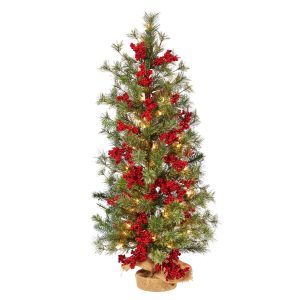 Artificial Christmas Trees | 3' Berry and Pine Artificial Christmas Tree with 50 Warm White Lights and Burlap Wrapped Base Green Artificial Christmas Trees Artificial Christmas Trees