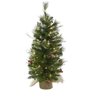 Artificial Christmas Trees | 3' Christmas Tree Clear Lights Berries & Burlap Bag Artificial Christmas Trees Artificial Christmas Trees