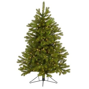 Artificial Christmas Trees | 4' Cambridge Spruce Flat Back Artificial Christmas Tree with 100 Warm White (Multifunction) LED Lights and 221 Bendable Branches Green Artificial Christmas Trees Artificial Christmas Trees