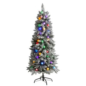 Artificial Christmas Trees | 5' Flocked British Columbia Mountain Fir Artificial Christmas Tree with 50 Multi Color Globe Bulbs and 379 Bendable Branches Artificial Christmas Trees Artificial Christmas Trees