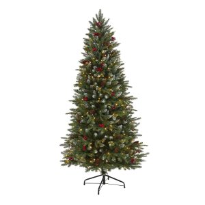 Artificial Christmas Trees | 6' Snow Tipped Portland Spruce Artificial Christmas Tree with Frosted Berries and Pinecones with 300 Clear LED Lights Green Artificial Christmas Trees Artificial Christmas Trees