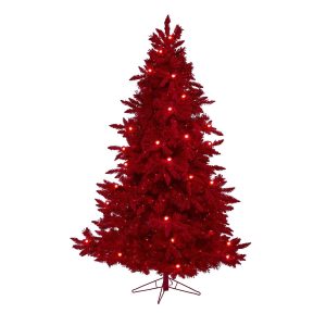 Artificial Christmas Trees | 7' Red Flocked Fraser Fir Artificial Christmas Tree with 500 Red Lights, 40 Globe Bulbs and 1039 Bendable Branches Artificial Christmas Trees Artificial Christmas Trees