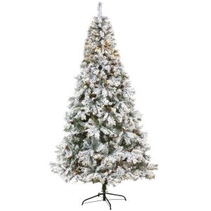 Artificial Christmas Trees | 8' Flocked White River Mountain Pine Artificial Christmas Tree with Pinecones and 500 Clear LED Lights Artificial Christmas Trees Artificial Christmas Trees