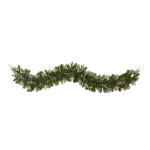 Artificial Garlands | 6' Snow Tipped Artificial Christmas Garland with 50 Warm White LED Lights and Berries Artificial Garlands Artificial Garlands