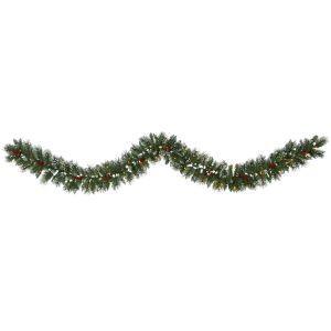 Artificial Garlands | 9' Frosted Swiss Pine Artificial Garland with 50 Clear LED Lights and Berries Artificial Garlands Artificial Garlands