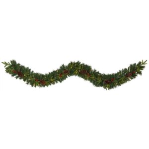 Artificial Garlands | 9' Mixed Pine Artificial Christmas Garland with 50 Clear LED Lights, Berries and Pinecones Artificial Garlands Artificial Garlands