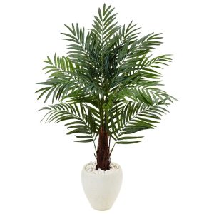 Artificial Palm Trees | 4.5' Areca Palm Tree in White Oval Planter Artificial Palm Trees Artificial Palm Trees