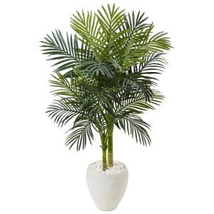 Artificial Palm Trees | 4.5' Golden Cane Palm Tree in White Oval Planter Artificial Palm Trees Artificial Palm Trees