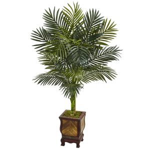 Artificial Palm Trees | 4.5' Golden Cane Palm Tree in Wooden Decorated Planter Artificial Palm Trees Artificial Palm Trees