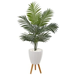 Artificial Palm Trees | 4.5' Kentia Artificial Palm Tree in White Planter with Legs Artificial Palm Trees Artificial Palm Trees