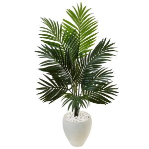 Artificial Palm Trees | 4.5’ Kentia Palm Tree in White Oval Planter Artificial Palm Trees Artificial Palm Trees