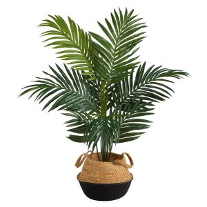 Artificial Palm Trees | 4′ Kentia Palm Artificial Tree in Boho Chic Handmade Cotton & Jute Black Woven Planter Artificial Palm Trees Artificial Palm Trees