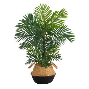 Artificial Palm Trees | 40" Areca Palm Tree in Boho Chic Handmade Cotton & Jute Black Woven Planter UV Resistant Artificial Palm Trees Artificial Palm Trees