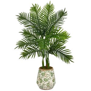 Artificial Palm Trees | 46" Areca Palm Artificial Tree in Floral Print Planter (Real Touch) Artificial Palm Trees Artificial Palm Trees