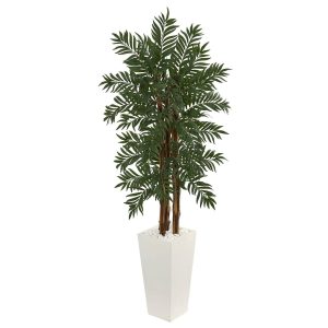 Artificial Palm Trees | 5.5' Parlor Palm Artificial Tree in White Tower Planter Artificial Palm Trees Artificial Palm Trees