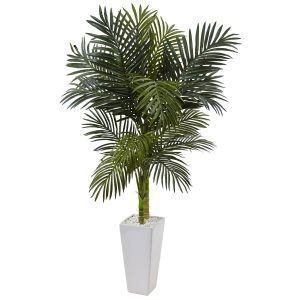 Artificial Palm Trees | 5’ Golden Cane Palm Tree in White Tower Planter Artificial Palm Trees Artificial Palm Trees