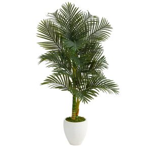 Artificial Palm Trees | 5’ Paradise Palm Artificial Tree in White Planter with Faux Moss Artificial Palm Trees Artificial Palm Trees