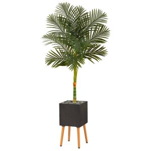 Artificial Palm Trees | 6' Artificial Golden Cane Palm Tree in Black Planter with Stand Artificial Trees Artificial Palm Trees