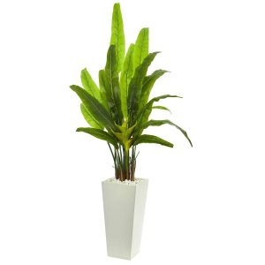 Artificial Palm Trees | 69" Travelers Palm Artificial Tree in White Tower Planter Artificial Palm Trees Artificial Palm Trees