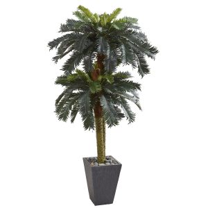 Artificial Palm Trees | 6’ Double Sago Palm Artificial Tree Slate Finished Planter Artificial Palm Trees Artificial Palm Trees