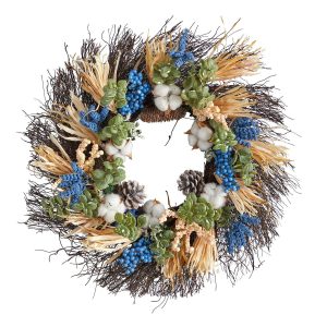 Artificial Wreaths | 22" Autumn Cotton, Eucalyptus, Berries and Pinecones Artificial Fall Wreath Artificial Wreaths Artificial Wreaths