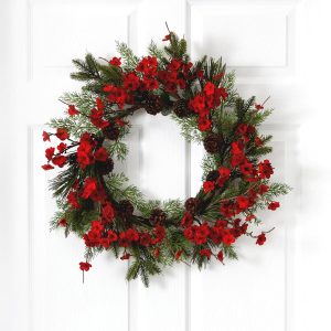 Artificial Wreaths | 24" Artificial Plum Blossom Pine Wreath Artificial Wreaths Artificial Wreaths