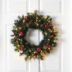 Artificial Wreaths | 24" Frosted Artificial Christmas Wreath with 50 Warm White LED Lights, Ornaments and Berries Artificial Wreaths Artificial Wreaths