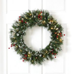 Artificial Wreaths | 24" Frosted Swiss Pine Artificial Wreath with 35 Clear LED Lights and Berries Artificial Wreaths Artificial Wreaths