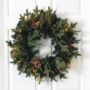 Artificial Wreaths | 24" Snowed Pinecone Artificial Christmas Wreath with 35 Clear LED Lights Artificial Wreaths Artificial Wreaths