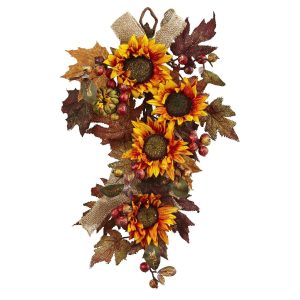 Artificial Wreaths | 24" Sunflower & Berry Teardrop Artificial Wreaths Artificial Wreaths