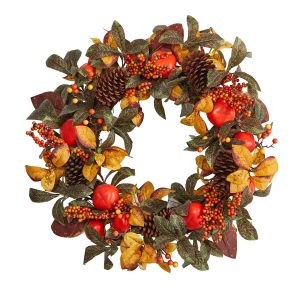 Artificial Wreaths | 26" Autumn Persimmon and Pinecones Artificial Fall Wreath Artificial Wreaths Artificial Wreaths