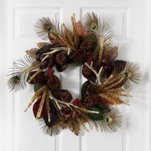 Artificial Wreaths | 27" Magnolia Leaf, Berry, Antler and Peacock Feather Artificial Wreath Artificial Wreaths Artificial Wreaths