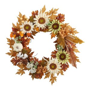 Artificial Wreaths | 30" Autumn Sunflower, White Pumpkin and Berries Artificial Fall Wreath Artificial Wreaths Artificial Wreaths