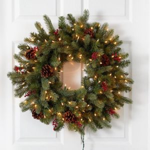 Artificial Wreaths | 30" Lighted Pine Wreath Berries & Pine Cones Artificial Wreaths Artificial Wreaths