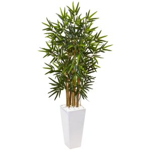 Bamboo Trees | 4' Beige Trunk Bamboo Artificial Tree in White Tower Planter Artificial Trees Bamboo Trees