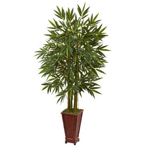 Bamboo Trees | 5.5' Bamboo Tree in Decorative Wood Planter Artificial Trees Bamboo Trees