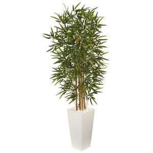 Bamboo Trees | 5.5’ Bamboo Artificial Tree in White Tower Planter Artificial Trees Bamboo Trees