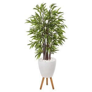 Bamboo Trees | 55" Bamboo Artificial Tree in White Planter with Stand Artificial Trees Bamboo Trees