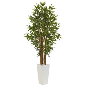 Bamboo Trees | 5’ Bamboo Tree in White Tower Planter Artificial Trees Bamboo Trees