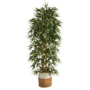 Bamboo Trees | 6' Artificial Bamboo Tree with Handmade Jute & Cotton Basket Artificial Trees Bamboo Trees