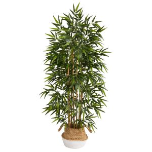 Bamboo Trees | 64" Bamboo Tree with Natural Bamboo Trunks in Boho Chic Handmade Cotton & Jute White Woven Planter Artificial Trees Bamboo Trees