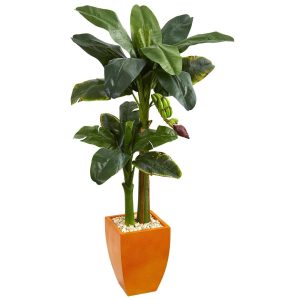 Banana Trees | 5.5' Double Stalk Banana Artificial Tree in Orange Planter Artificial Trees Banana Trees