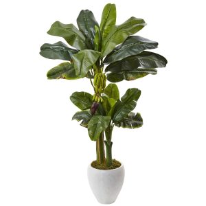 Banana Trees | 5' Double Stalk Banana Tree in White Planter Artificial Trees Banana Trees