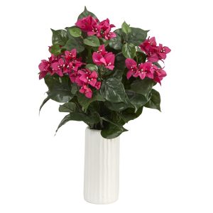 Bougainvilleas | 18" Bougainvillea Artificial Plant in White Planter Artificial Flowers Bougainvilleas