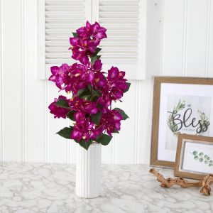 Bougainvilleas | 23" Bougainvillea Artificial Plant in White Planter Purple Artificial Flowers Bougainvilleas