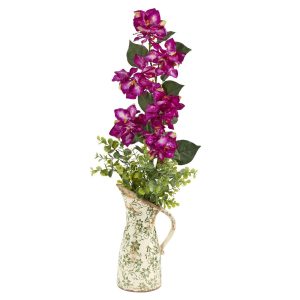 Bougainvilleas | 27" Bougainvillea and Eucalyptus Artificial Arrangement in Floral Pitcher Artificial Flowers Bougainvilleas