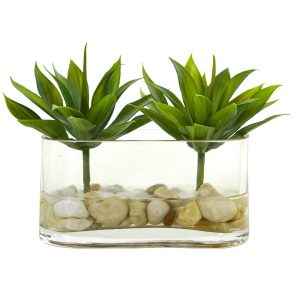 Cactus | 6.5" Mini Agave Succulent Artificial Arrangement in Glass Vase Artificial Plants Cactus