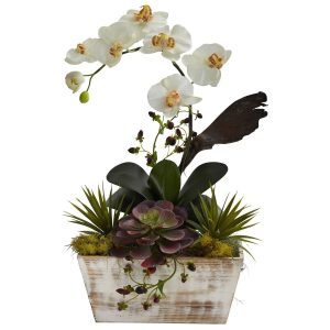 Cactus | Orchid & Succulent Garden White Wash Planter Artificial Flowers Cactus